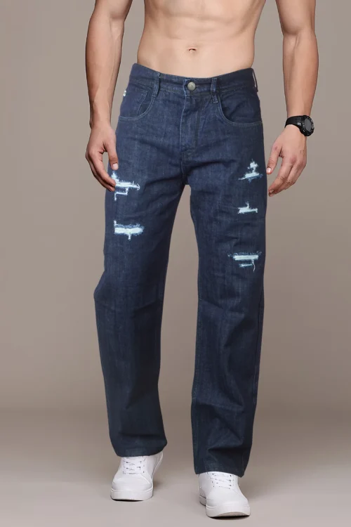 Medium Sapphire Blue Baggy Loose Distressed Fit Jeans