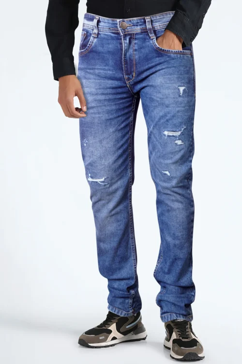 Denim Blue Distressed Slim Fit Jeans