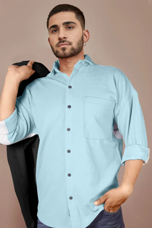 Cyan Blue Down Shoulder Shirt