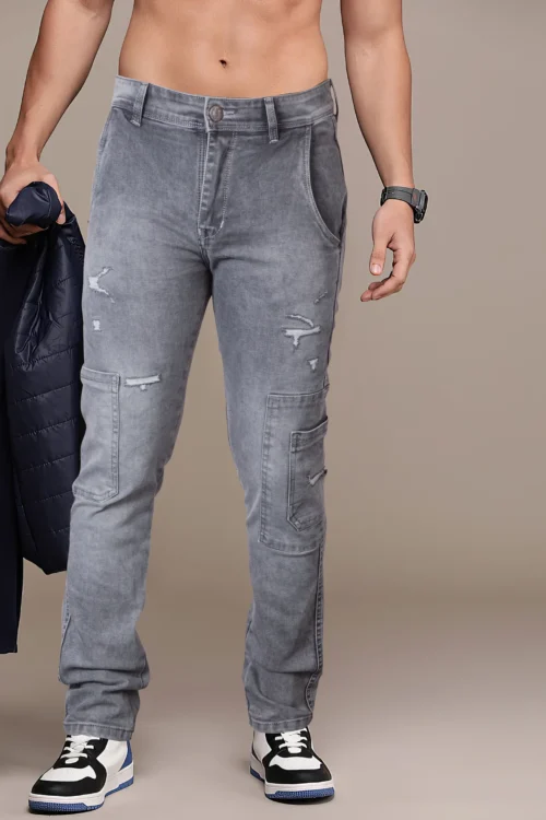 Pewter Grey Six Pocket Distressed Slim Fit Jeans