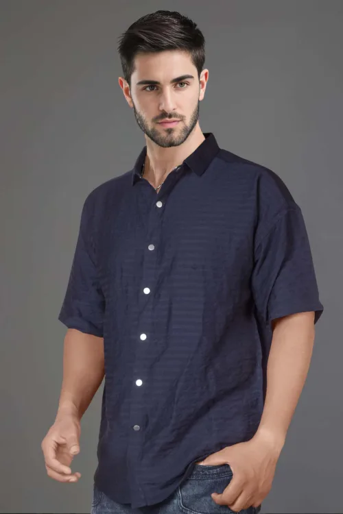 Midnight Blue Down Shoulder Stripe Shirt